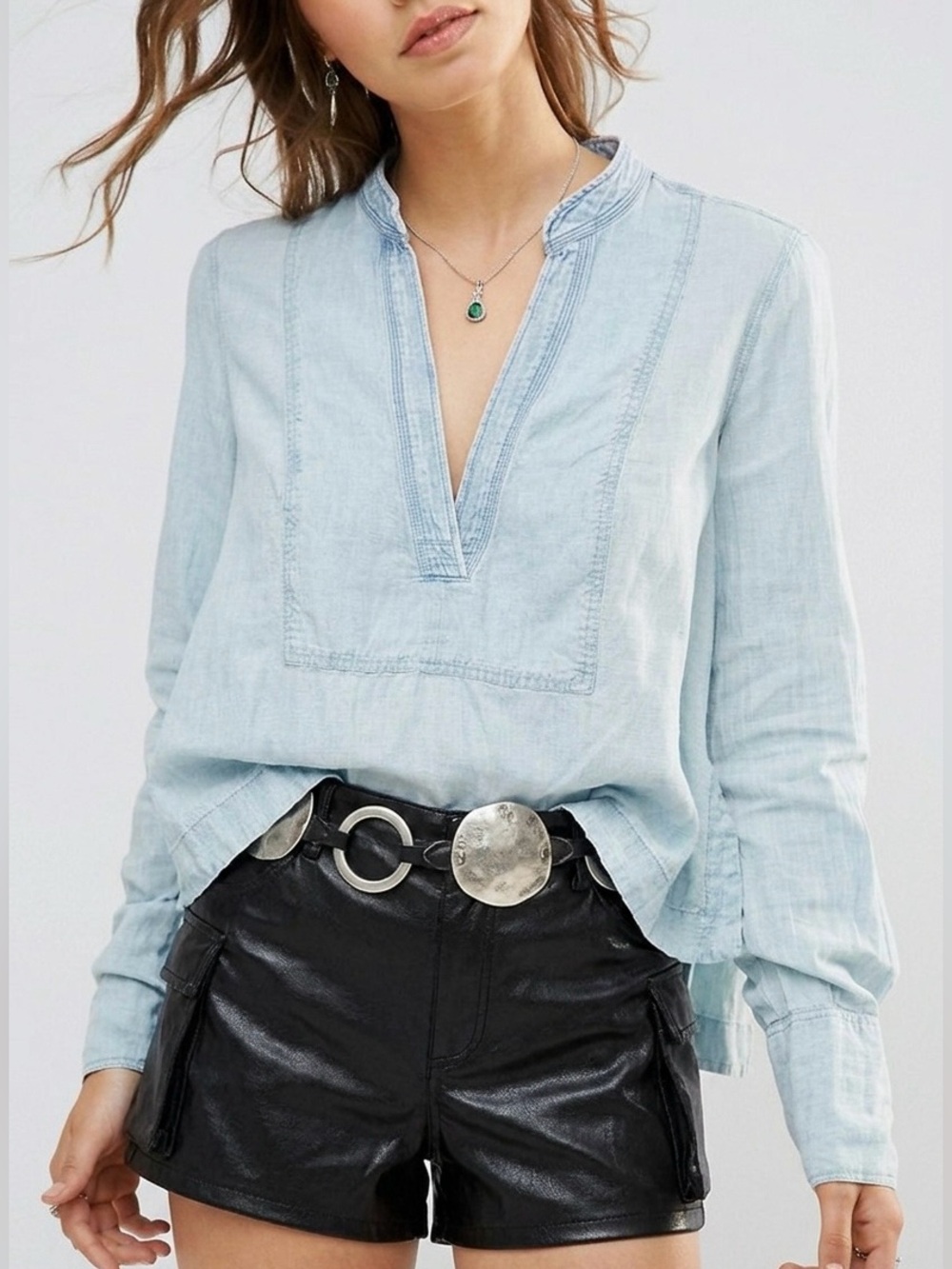 Free People Light Blue Deep Plunge V-Neck Chambray Top - Small Petite